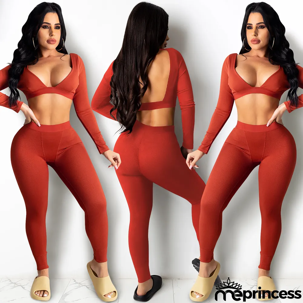 Sexy V-neck Knitted Fashion Casual Long-sleeved Two-piece Suit