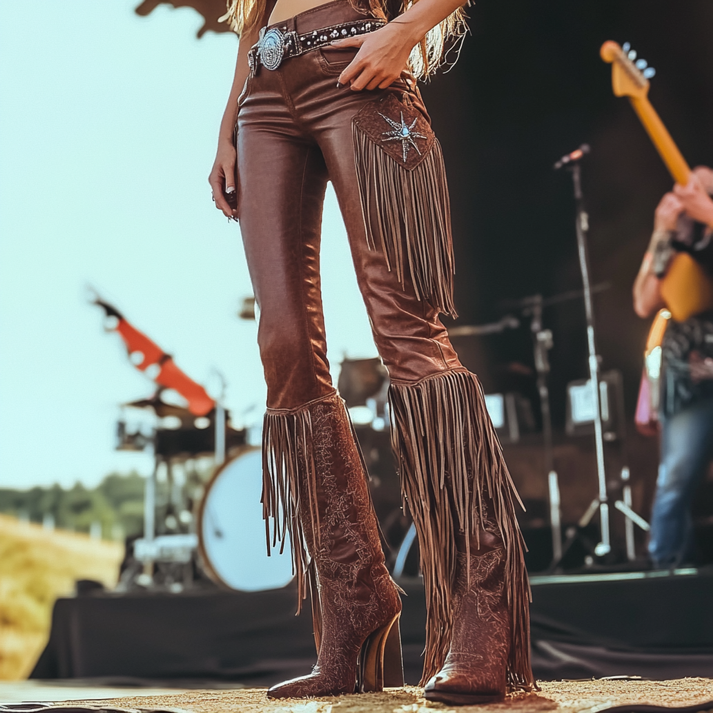 Women's Fringed Leather Bell-bottoms With Western Charm