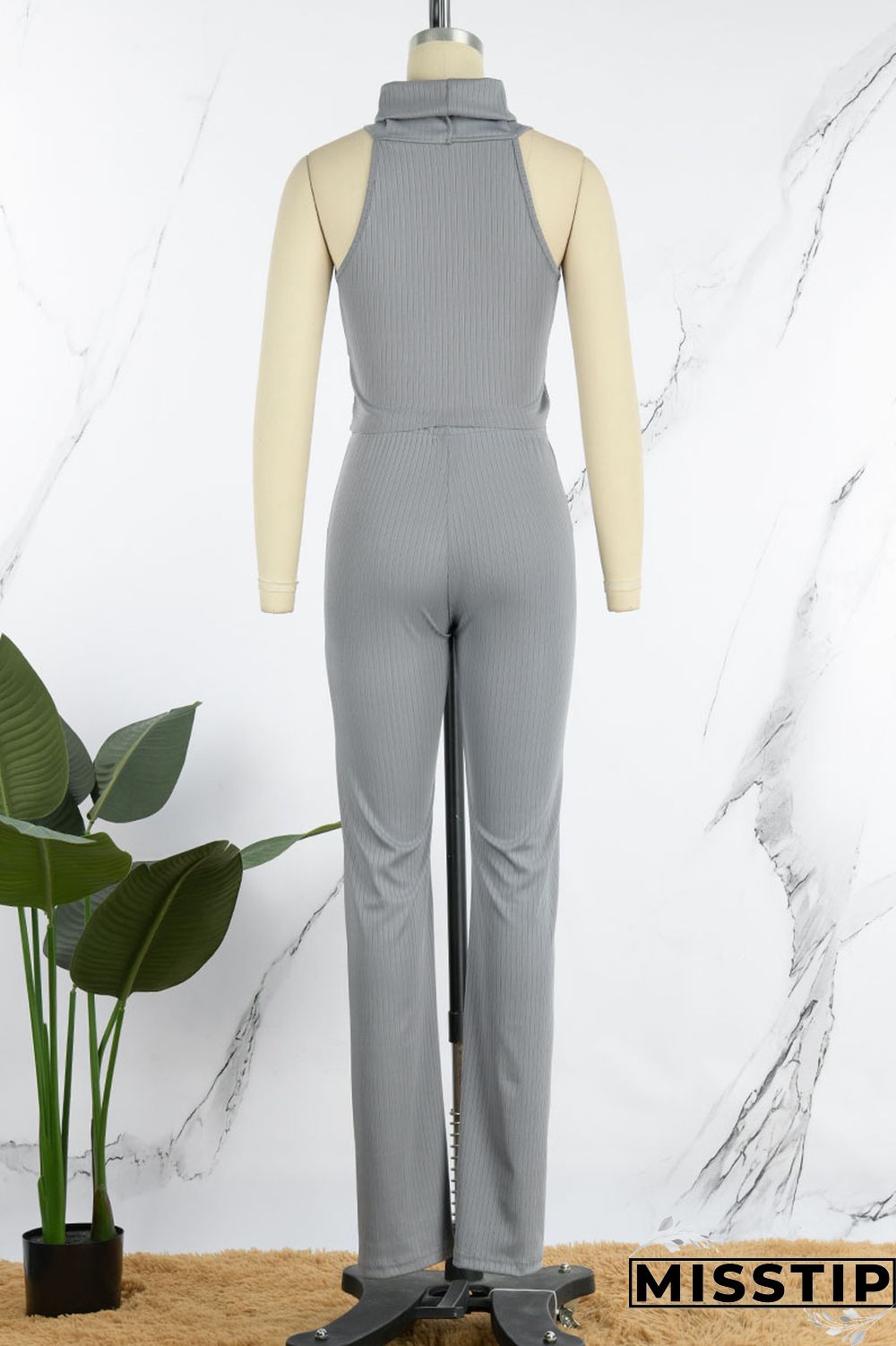 Grey Sexy Solid Patchwork Asymmetrical Turtleneck Sleeveless Two Pieces