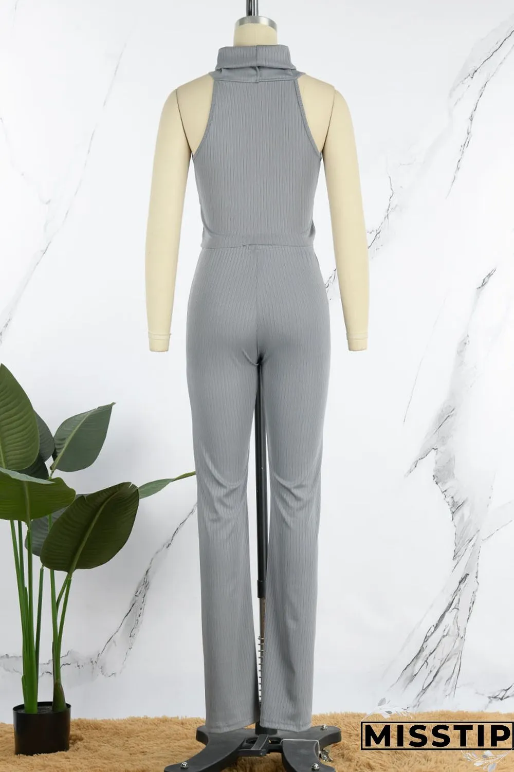 Grey Sexy Solid Patchwork Asymmetrical Turtleneck Sleeveless Two Pieces