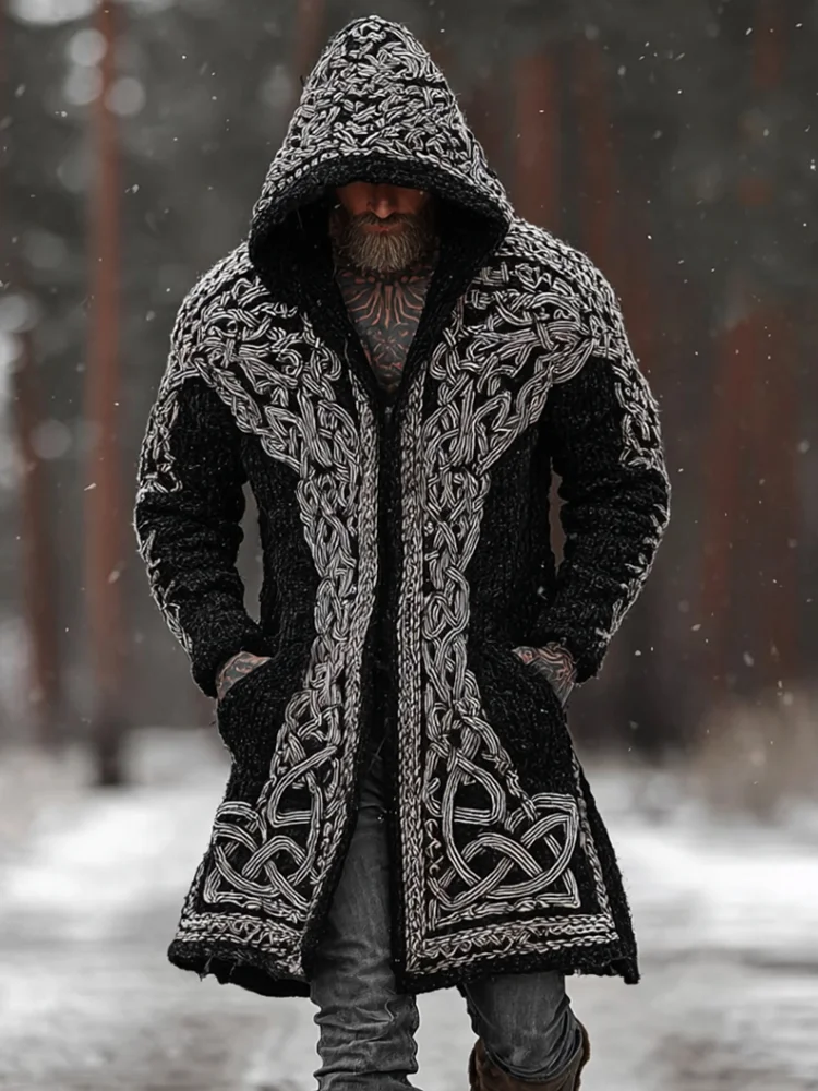 Men's Viking Style Celtic Knot Thick Needle Hooded Long Cardigan Sweater