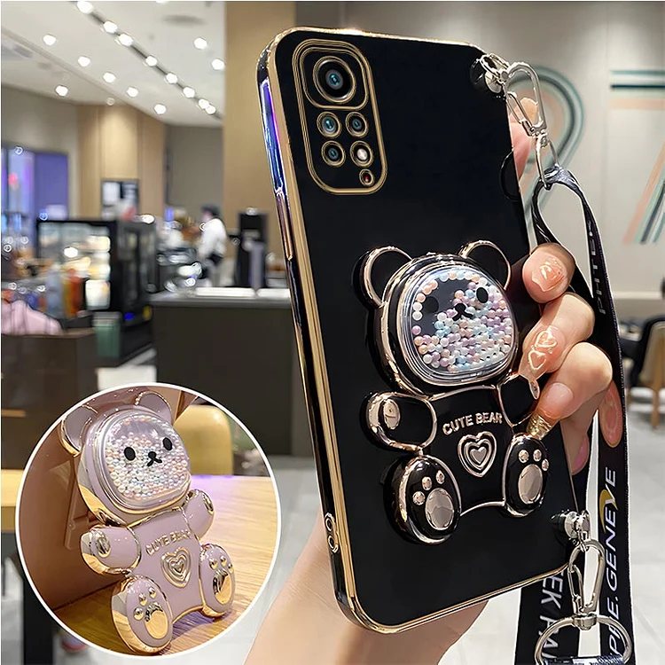 Quicksand Bear Holder Lanyard Phone Case For Xiaomi Redmi Note 11 8 12 10 9 Pro Max 10 5G 10s 11s 9A 9T 9C Nfc Strap Stand Cover