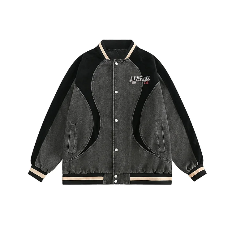 Printed Patchwork Denim Baseball Uniform High Street Hip Hop Bomber Jacket at Hiphopee