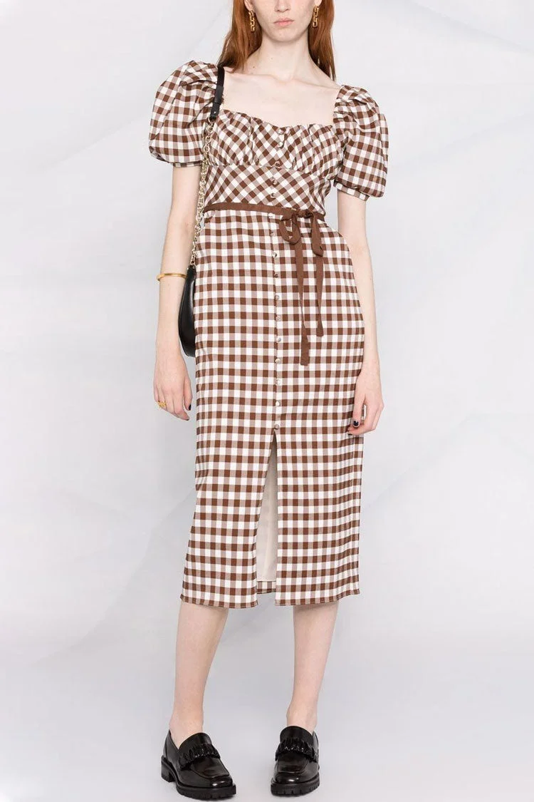 Abebey Vintage Puff Sleeve Square Neck Gingham Check Midi Dress - Brown