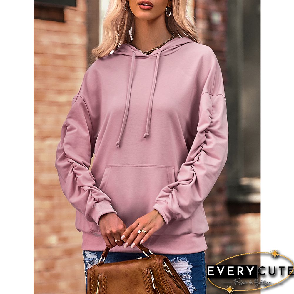 Pink Pleated Sleeve Drop Shoulder Kangroo Hoodie