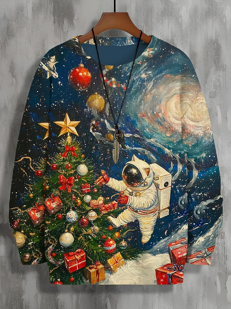 Men's Space Astronaut Cat Christmas Tree Art Print Casual Sweatshirt