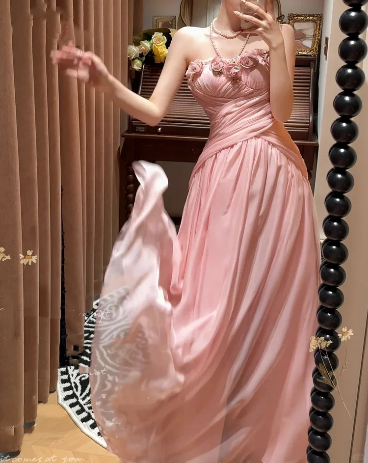 Pink Floral Elegant Long Tulle Prom Dress Evening Dress Party Dress Bridesmaid Dresses