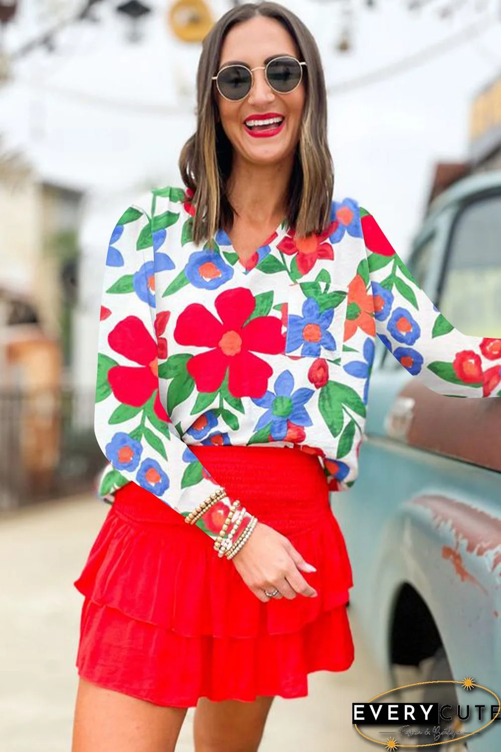 White Floral Print V Neck Long Sleeve Blouse