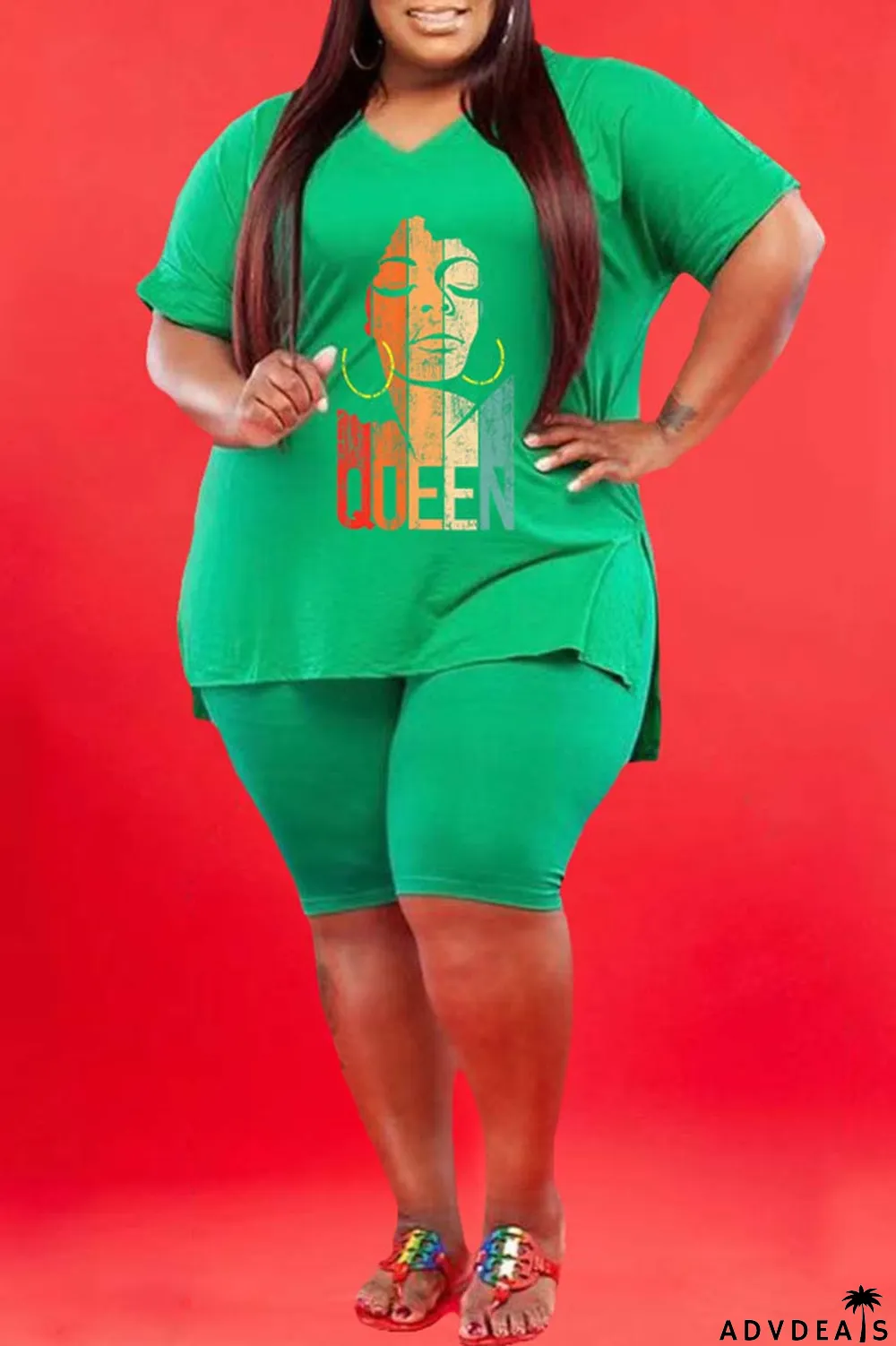 Green Casual Print Slit V Neck Plus Size Two Pieces
