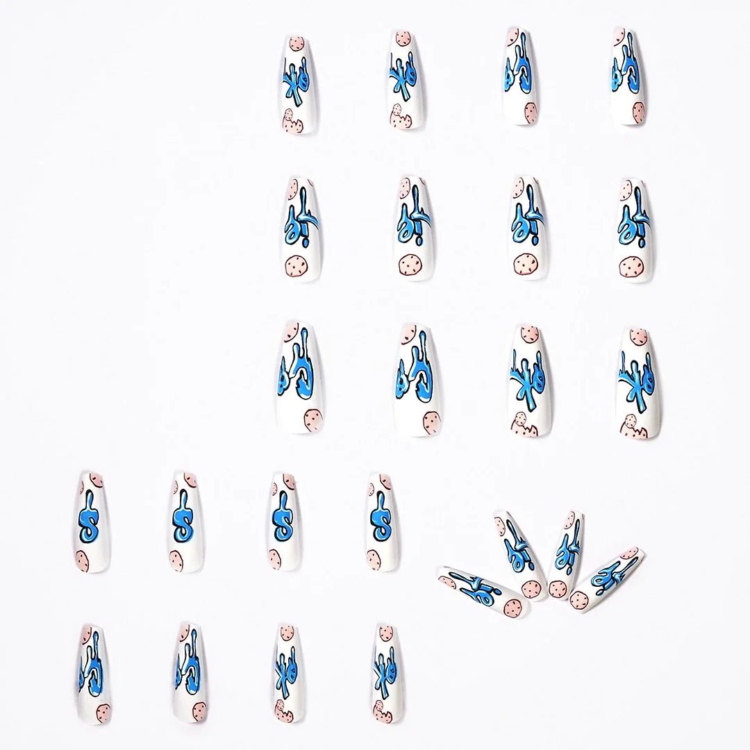 24pcs Cookie Pattern Fake Nails Full cover Fake Nails Glue DIY Manicure Nail Art Tools-Nail Inspo