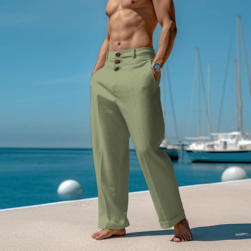 Men's Beach Holiday Plain Simple Linen Pants-inspireuse