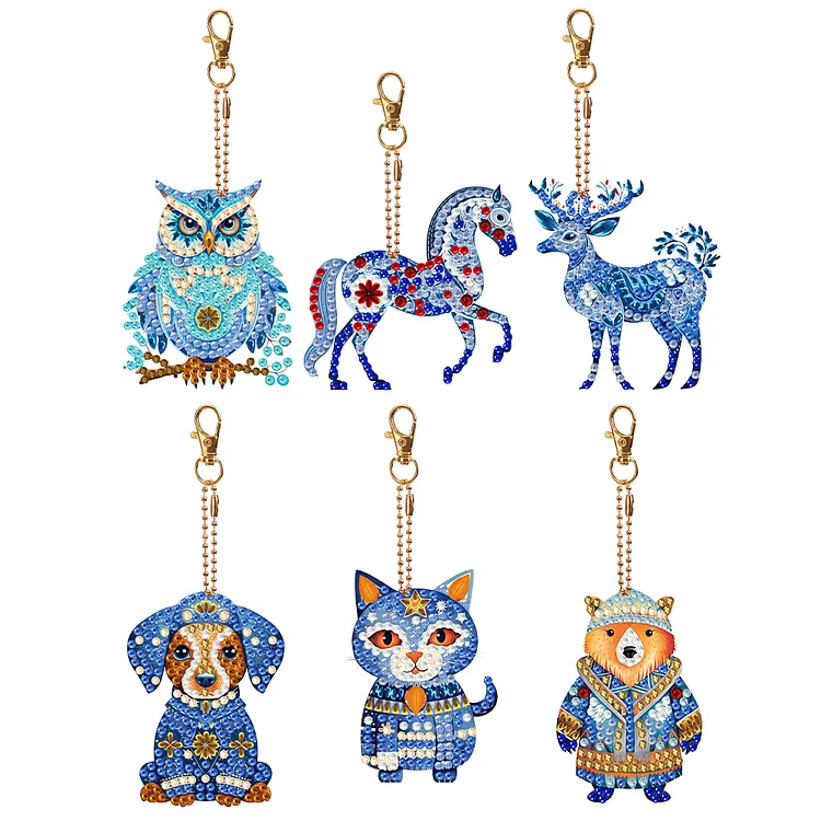 6 PCS Cute Puppy Double Sided Special Shape Rhinestone Painting Keychain Pendant