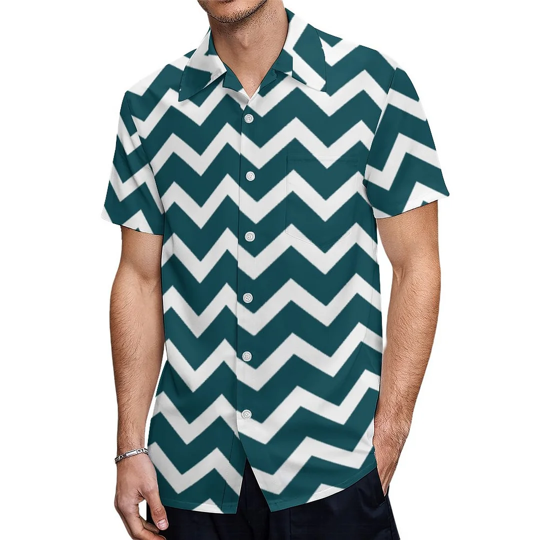 Short Sleeve Dark Teal Zig Zag Chevrons Hawaiian Shirt Mens Button Down Plus Size Tropical Hawaii Beach Shirts