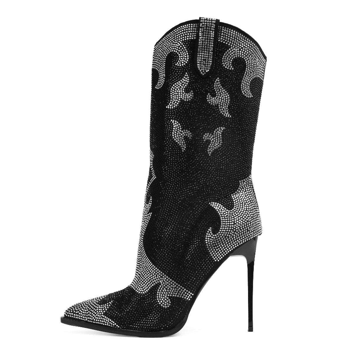 Two-Tone Rhinestone Pointed Toe Stiletto Heel Western Mid Calf Boots Nicepairs