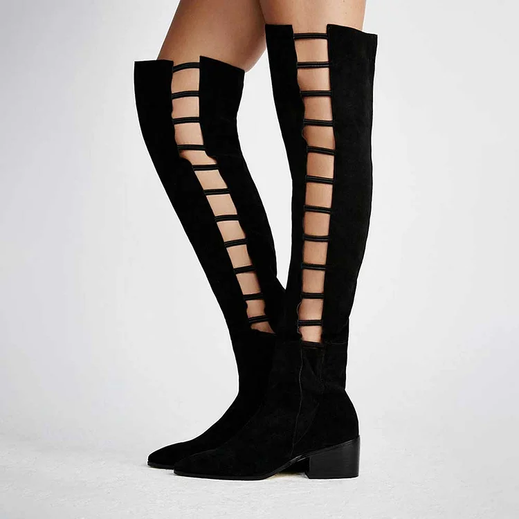 Black Low Heel Cutout Over The Knee Boots for Women |FSJ Shoes