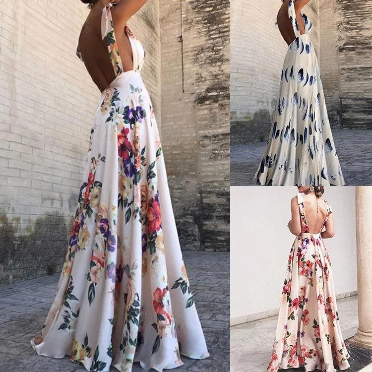 Sleeveless Sleeveless Sling Long Dress with Leaky Back Print