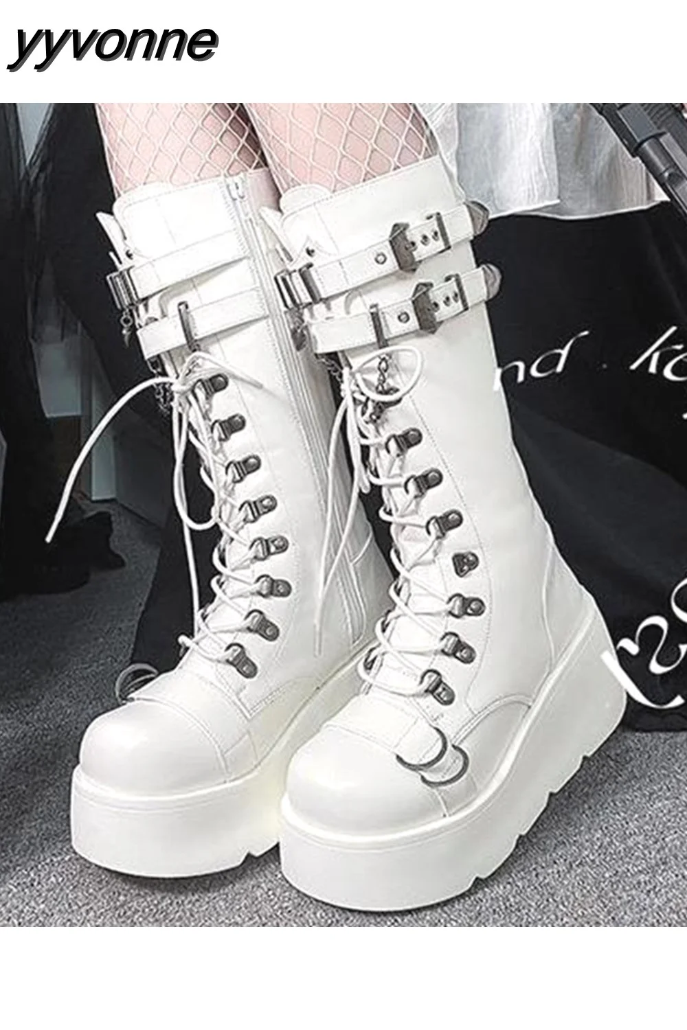 yyvonne Women Goth Platform Mid Calf Boots Wedges Heeled Cospaly Autumn Combat Boots Design Luxury Motorcycle Boots Shoes
