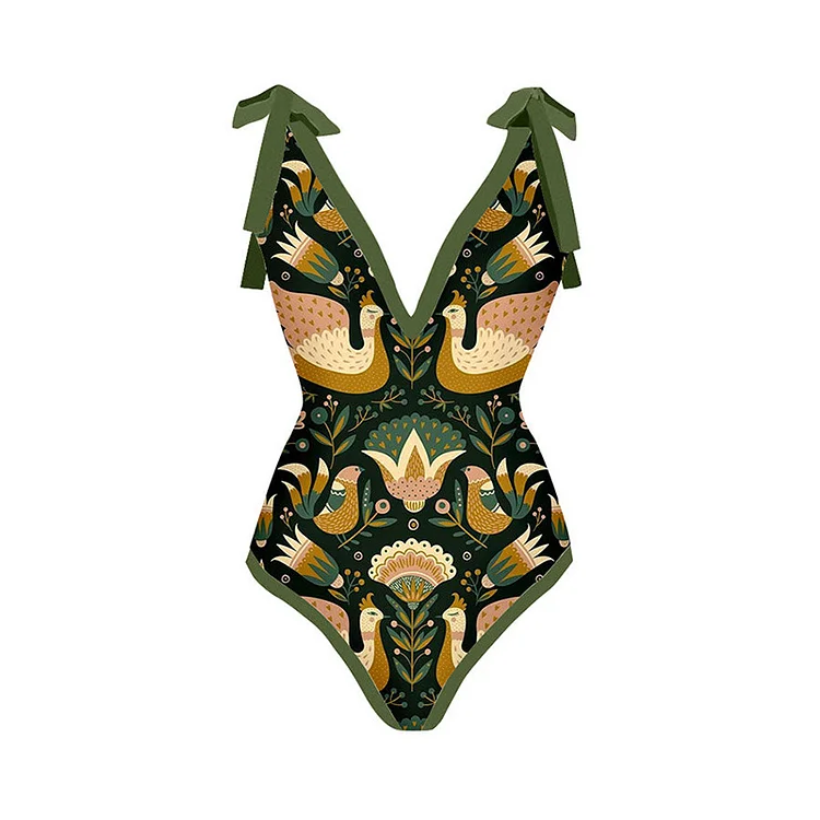 Comstylish Retro Mandarin Duck Printed Sexy One Piece Swimwear