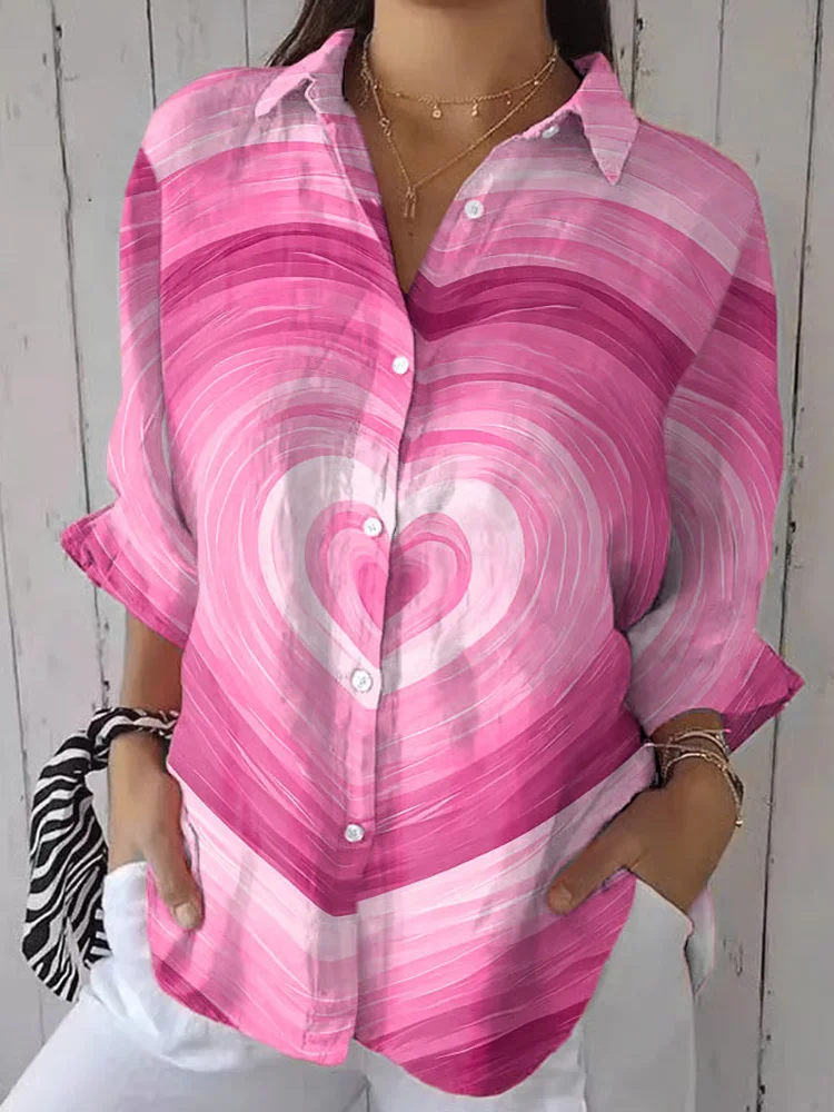 Women's Retro Pink Love Art Print Casual Shirt