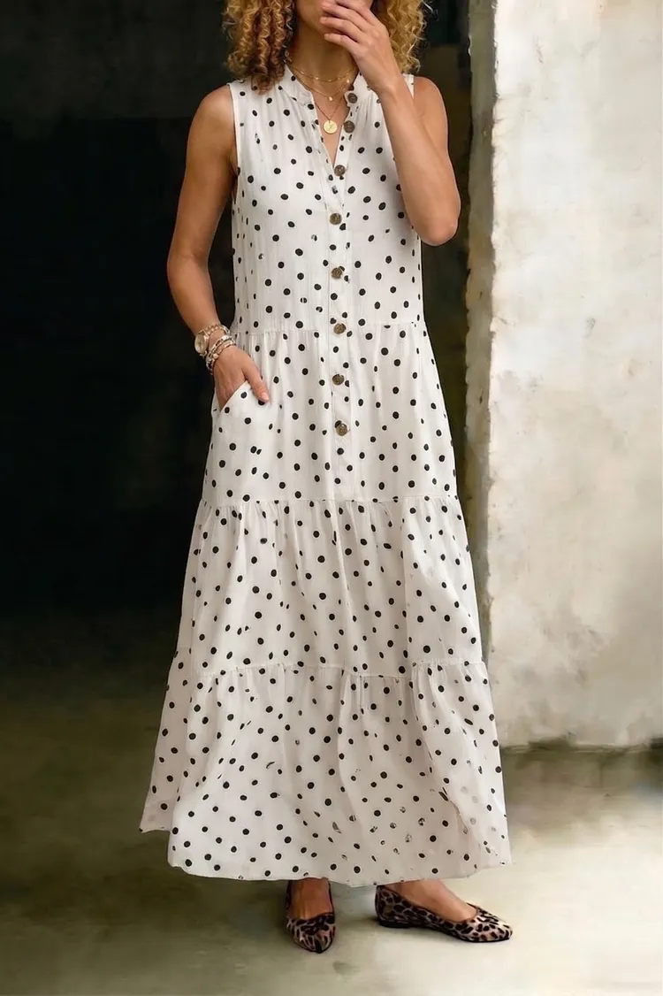 Women's Vintage Polka Dot Sleeveless Maxi Dress - Button Down Tiered Boho Sundress With Pockets
