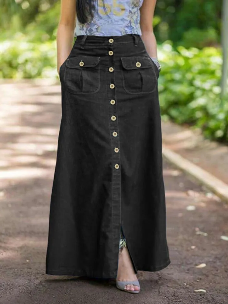 Women Retro Skirts ZANZEA 2022 Summer Denim Blue Long Skirt Casual Solid Split Bottoms Lady A-line Button Up Skirt Oversize