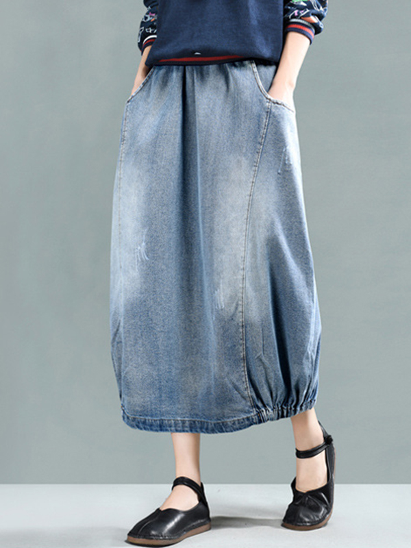Retro Artistic A-Line Solid Color Side Pocket Denim Skirt