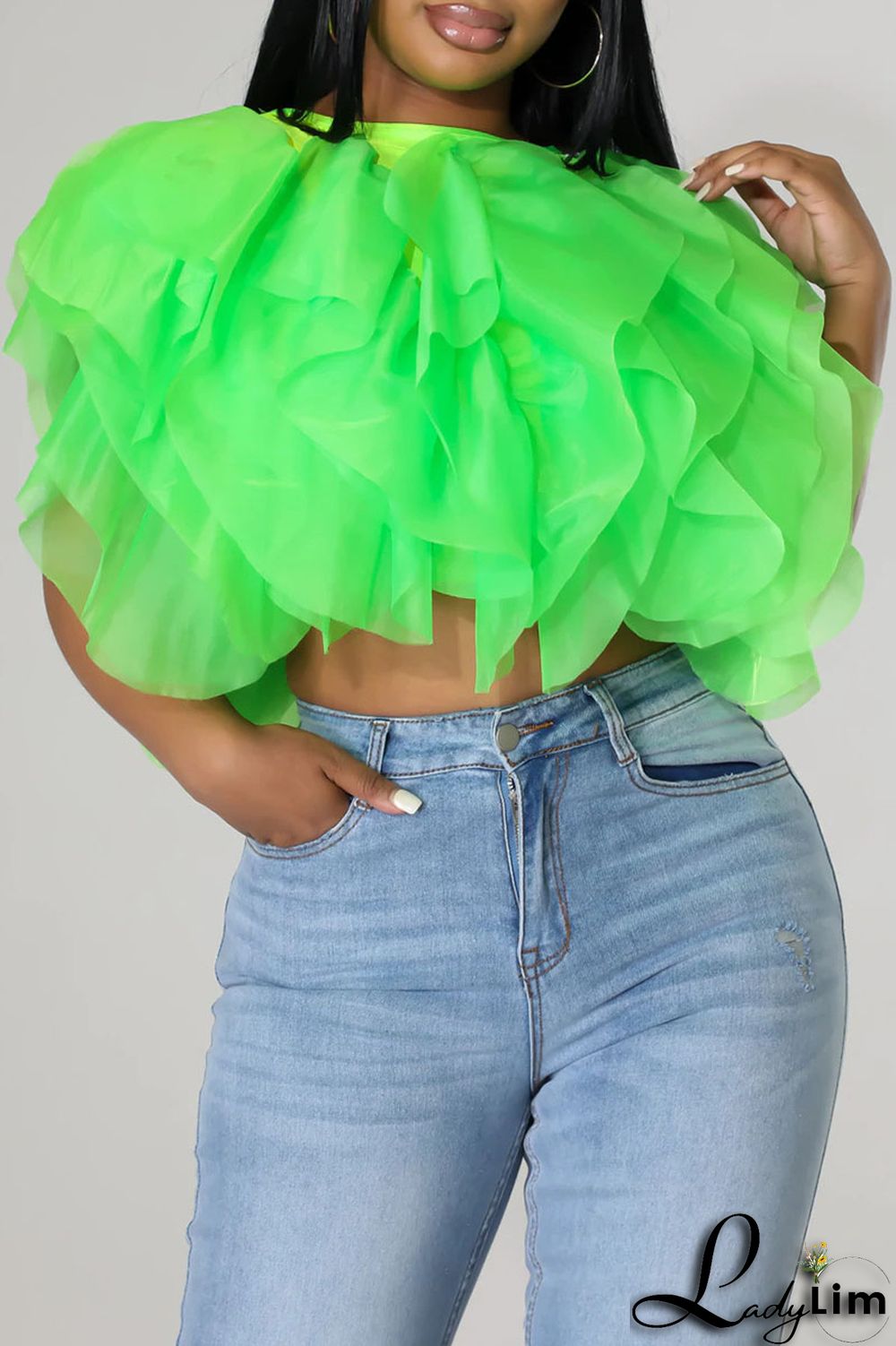 Green Fashion Sweet Solid Patchwork Asymmetrical O Neck Tops