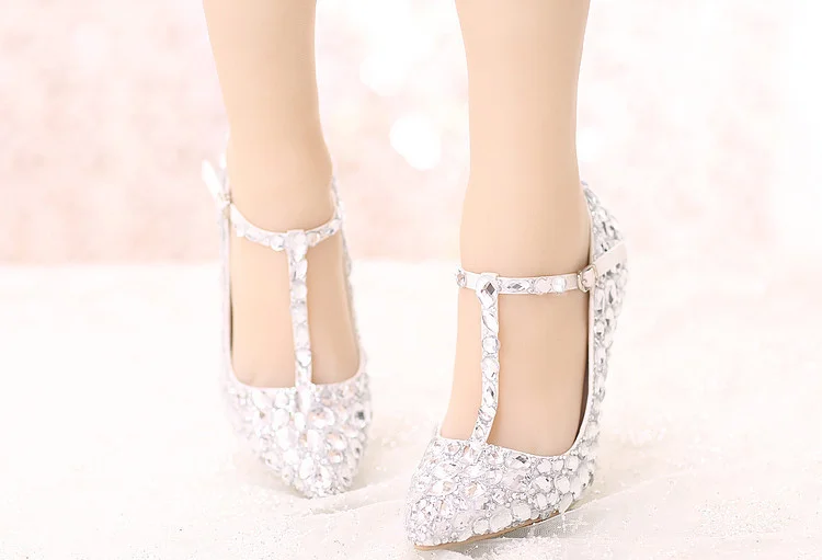 White Pointed Toe T-strap Crystal Heels Stiletto Heel Wedding Shoes |FSJ Shoes