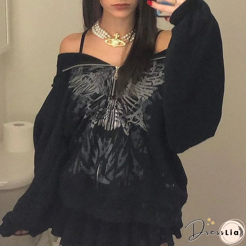 Christmas Gift Y2K Gothic Butterfly Print Oversize Zip Up Hoodies Winter New Grunge Long Sleeve Sweatshirt Casual Hooded Jacket Streetwear