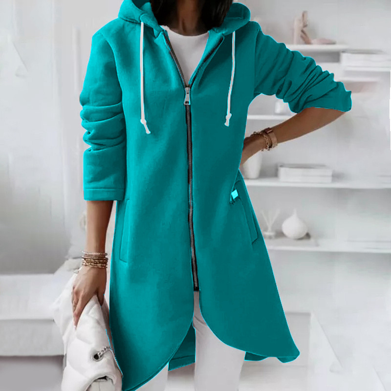 Aquavibeshop Autumn Women Long Hoodies Sweatshirt Coat Zip Up Solid Hooded Jacket Winter Casual Pockets Outwear Female Long Jackets
