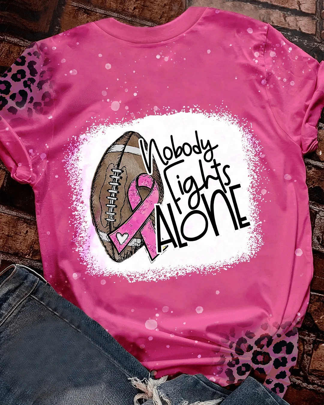 Nobody Fights Alone Pink Leopard Pattern Breast Cancer Tee