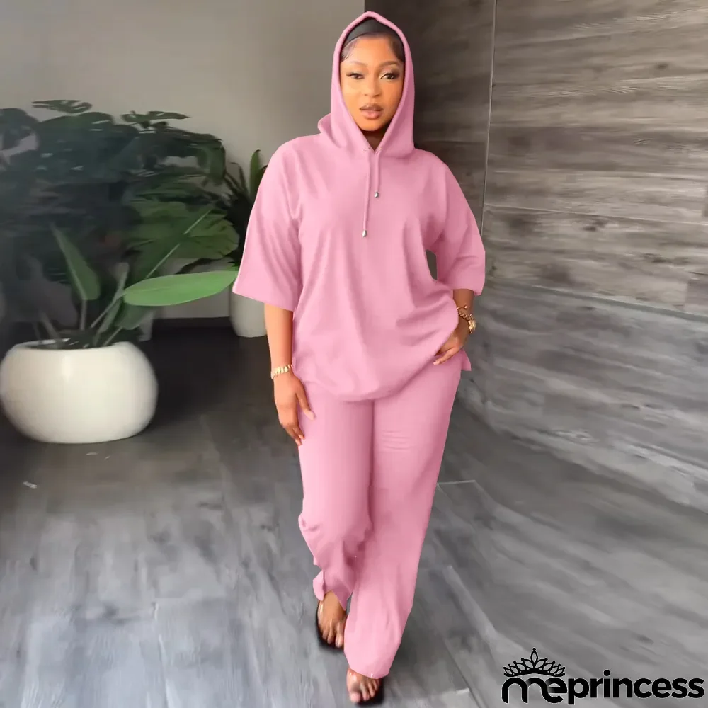 Solid 3/4 Sleeve Hooded Sweatshirt Pant Two Piece Set