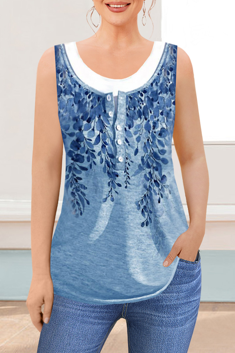Flycurvy Plus Size Casual Blue Plant Print Patchwork Button Tank Top 2024 - Flycurvy 