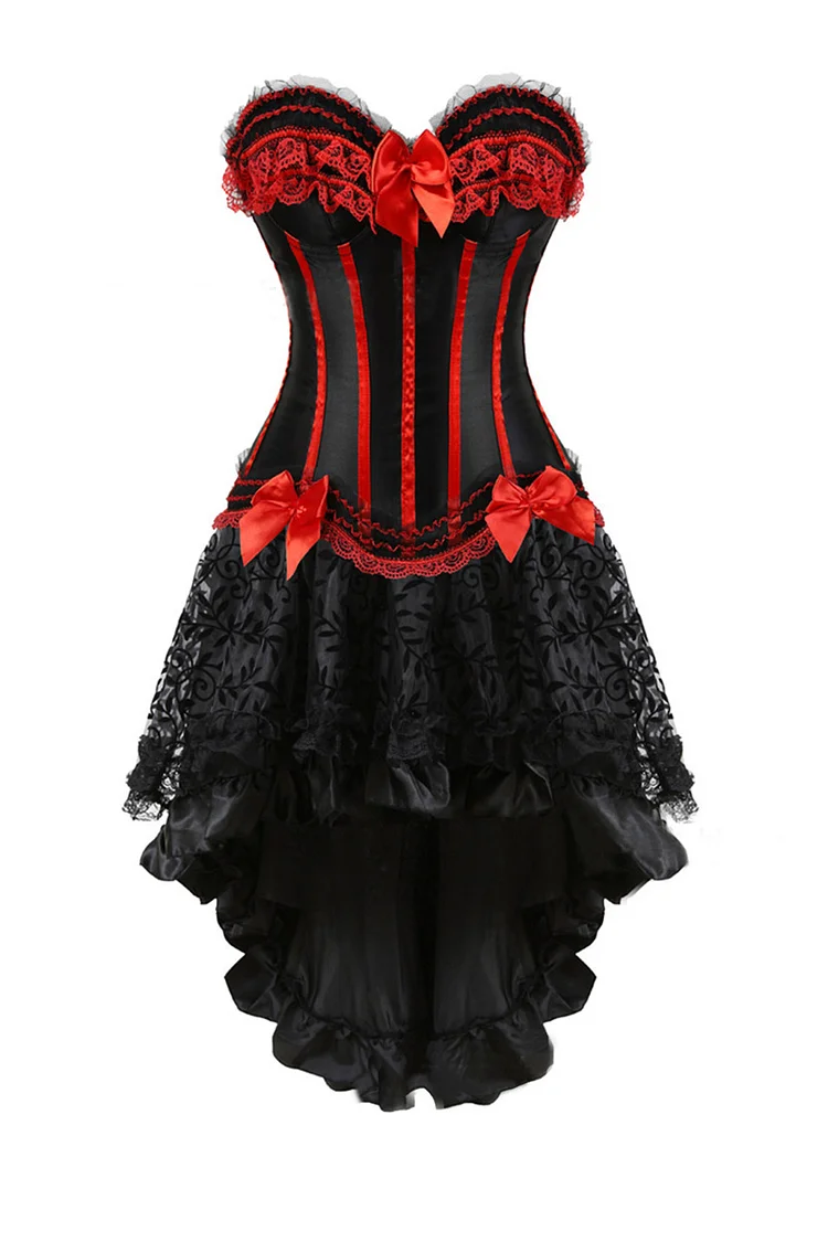 Gothic Plus Size Black Red Party Bow Lace Corset Patchwork Flocking High Low Midi Dress