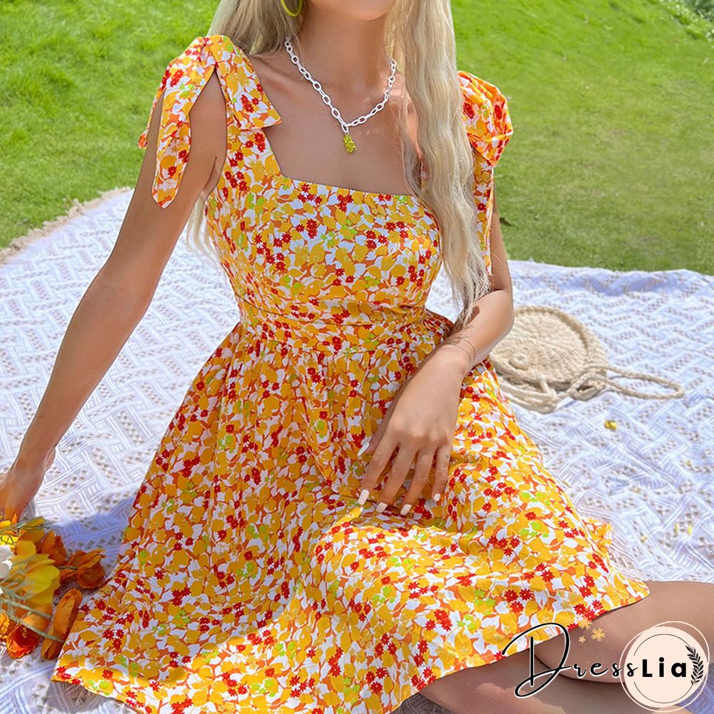 Elegant Floral Print Dress For Summer Dresses New Sexy Backless Lace-up Square Neck High Waist A-line Mini Dresses