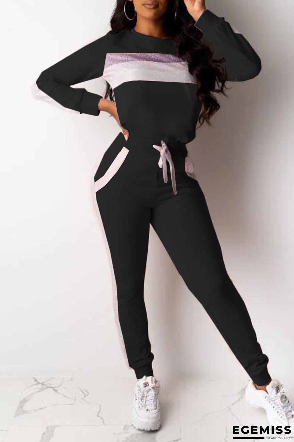 Black Casual Print Patchwork O Neck Long Sleeve Two Pieces | EGEMISS