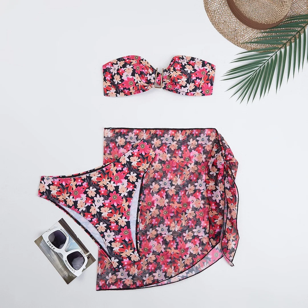 Mongw Mongw Swimsuit Female Split Metal U Bikini BIKINI Three-Piece Print Swimsuit