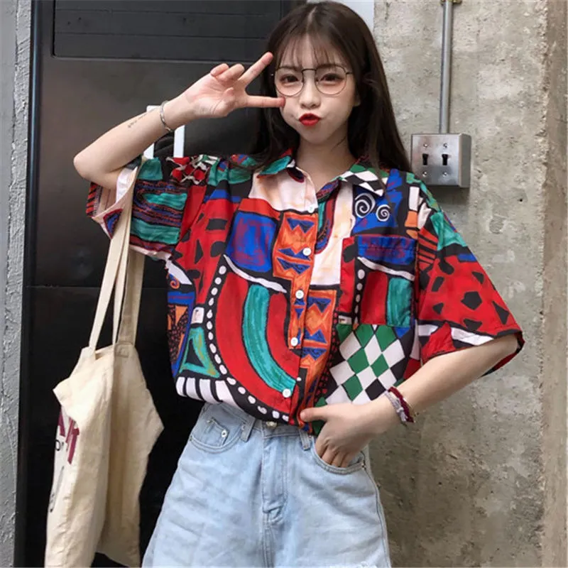 NiceMix Women Clothes Pockets Turn-down Collar Geometric Harajuku ulzzang camisetas mujer manga corta fashion Loose Shirts hot