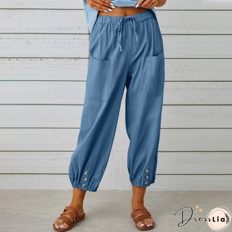 Women's High Waist Button Cotton Linen Trousers Pants