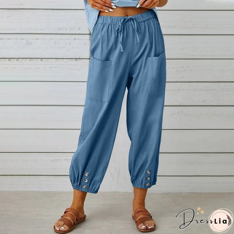 Women's High Waist Button Cotton Linen Trousers Pants