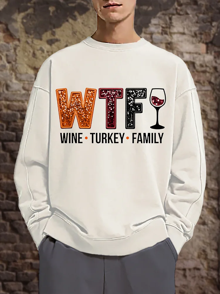 Men's Thanksgiving Day Wine Turkey Family Print Cotton Casual Sweatshirt