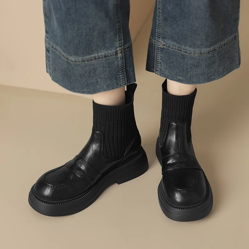 Breakj Breakj Plus Size Boots Vintage Knit Wool Thin Boots Thick Heel Short Boots Women Autumn And Winter New Platform Elastic Socks Boots