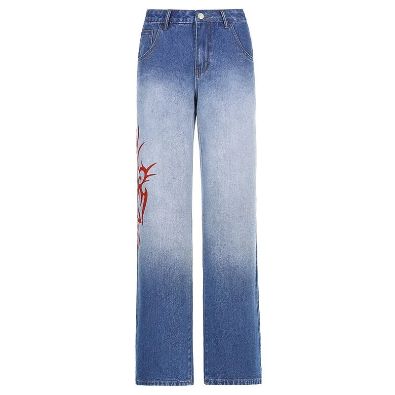 2021 New Summer Womens Jeans Loose Retro Print Wide Leg Denim Trousers Street 90s Aesthetic Korean Version of Low Waist Overalls