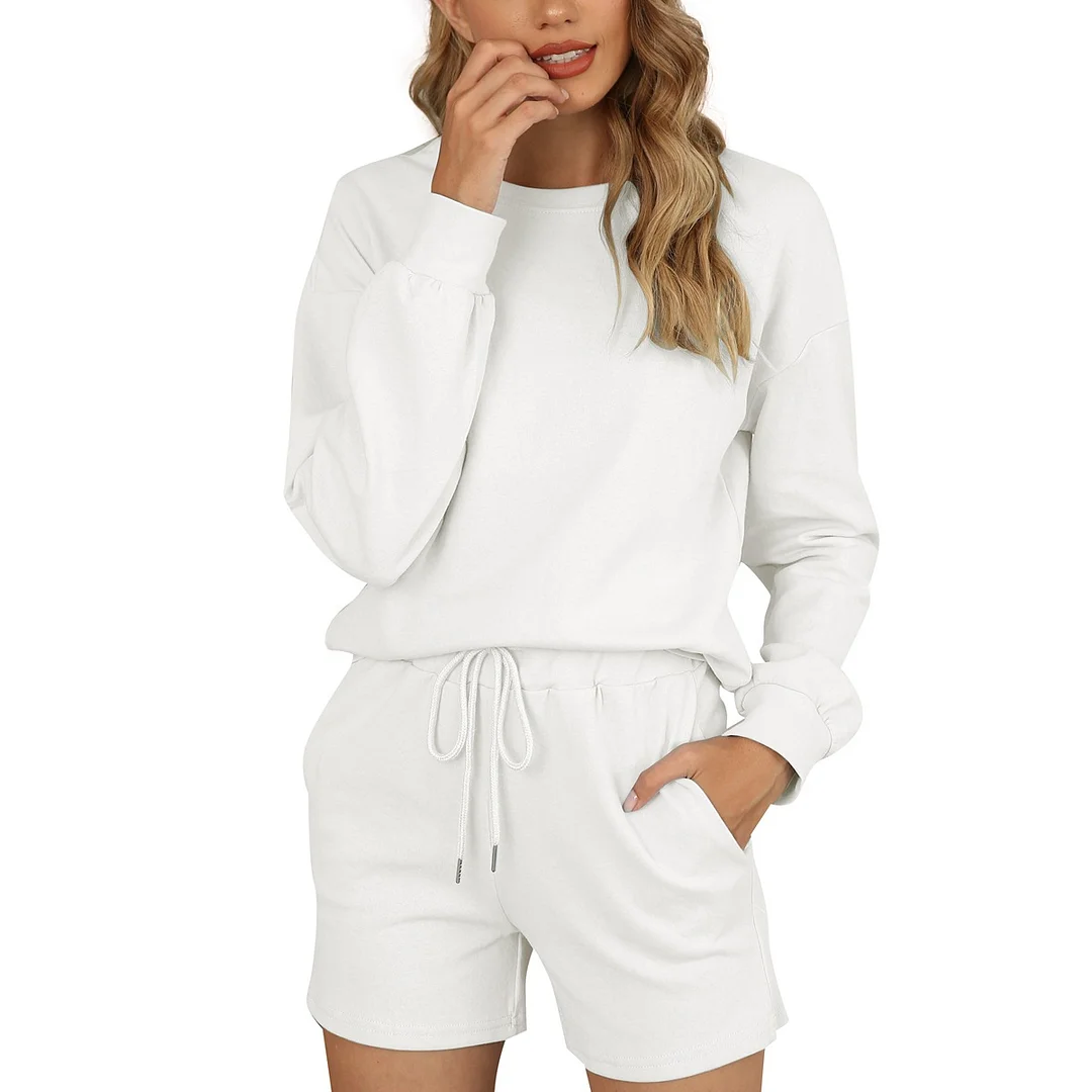 Long-sleeved top + shorts loungewear two-piece set