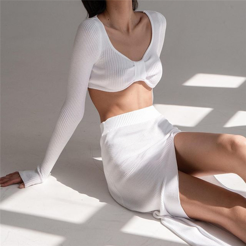 Ootddress Knitted Two Piece Dress Women Outfits Long Sleeve Crop Top and Midi Skirt High Split Out Dress Set Female Bodycon White 10 Ootddress Knitted Two Piece Dress Women Outfits Long Sleeve Crop Top and Midi Skirt High Split Out Dress Set Female Bodycon White