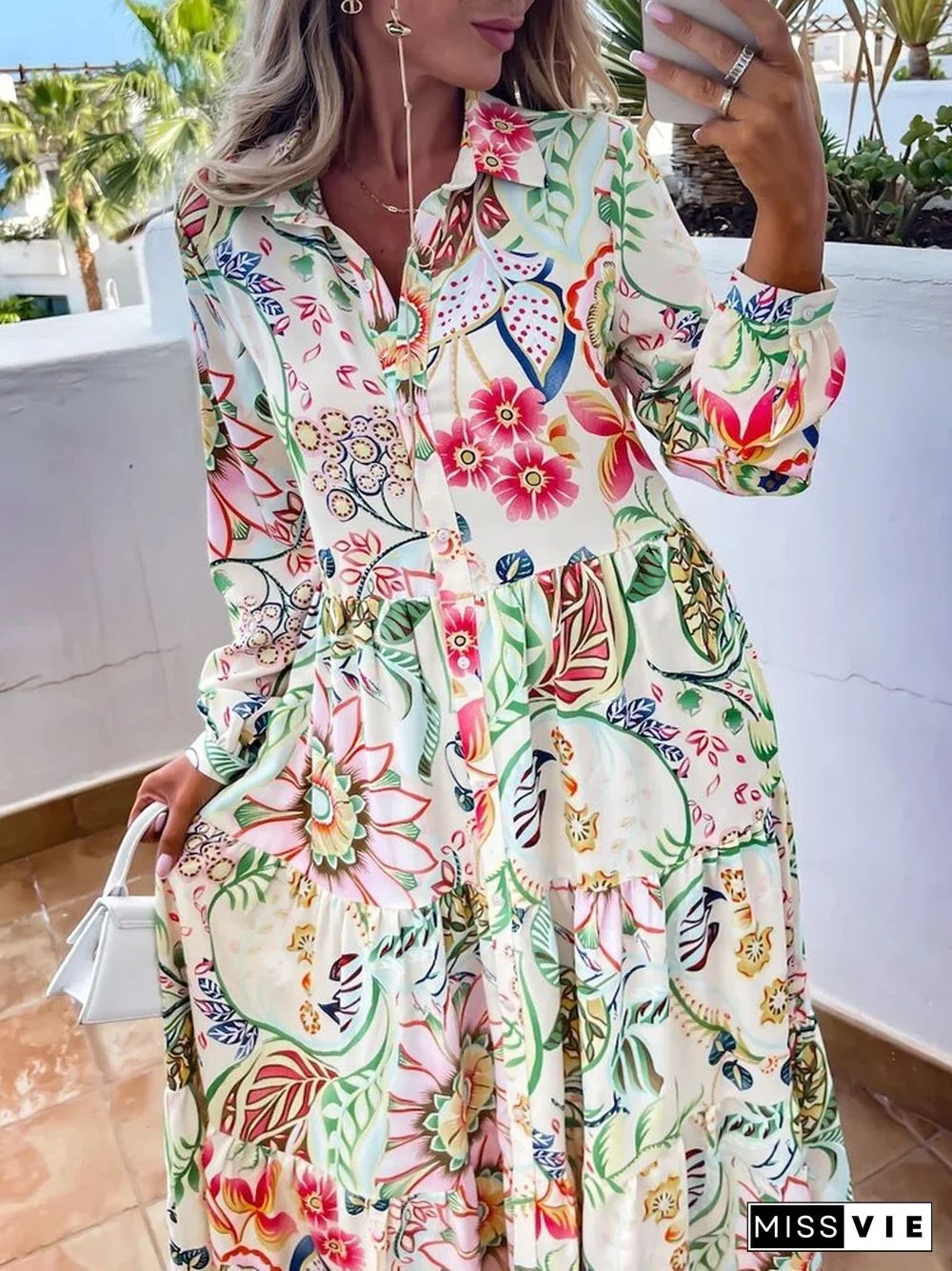 Elegant Floral Print Boho Long Dress Women Sexy Turn-down Collar Button Shirt Dress Spring Summer Loose Pleated Maxi Beach Dress