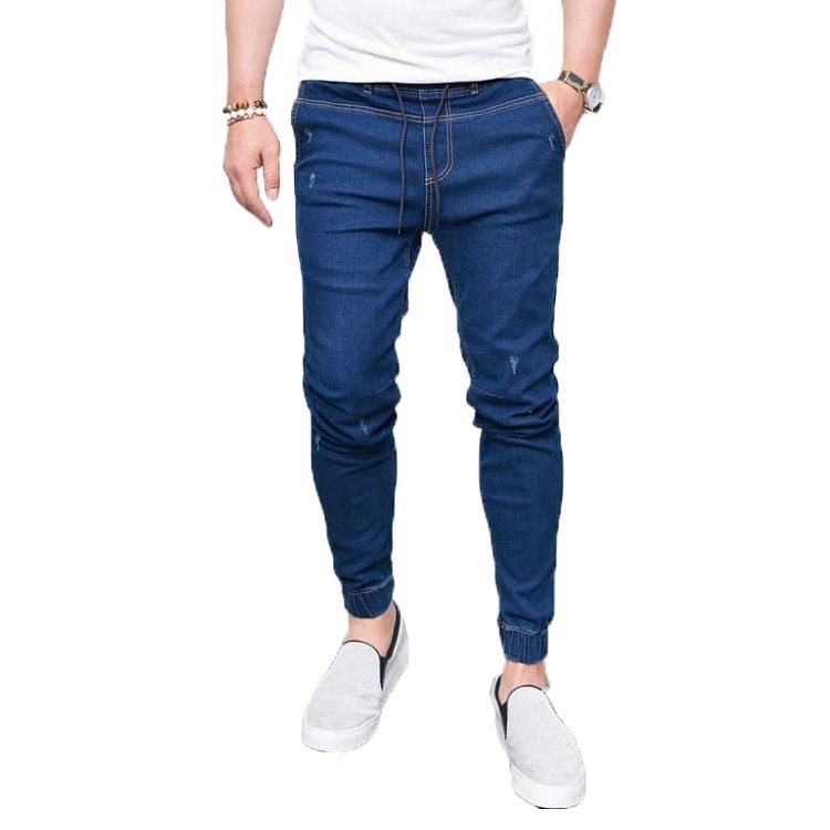 Men's Jeans Lace-up Ankle Banded Stretch Men Mid Waist