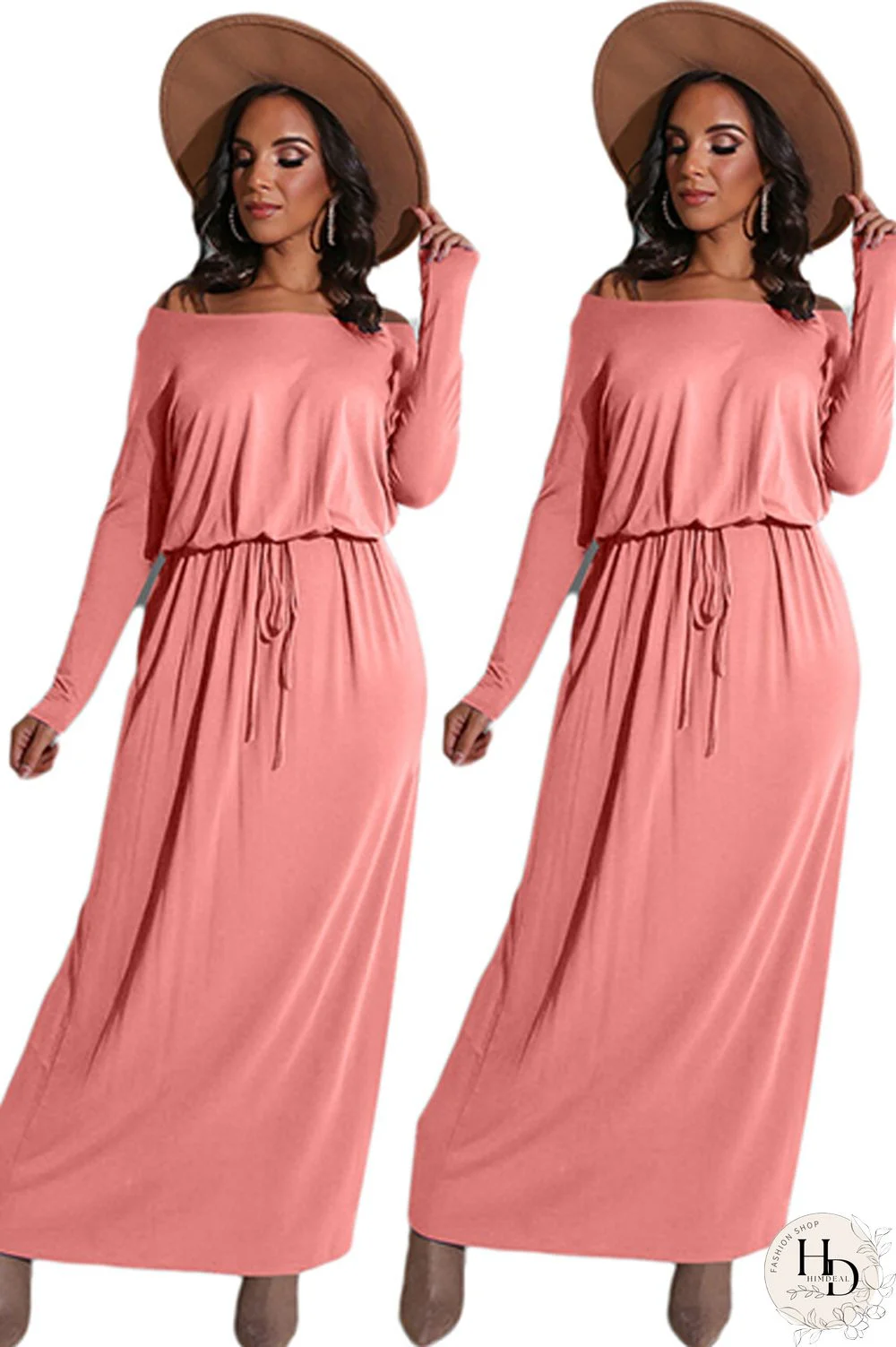 Blue Milk. Celebrities Off The Shoulder Long Sleeves One word collar Step Skirt Ankle-Length Solid