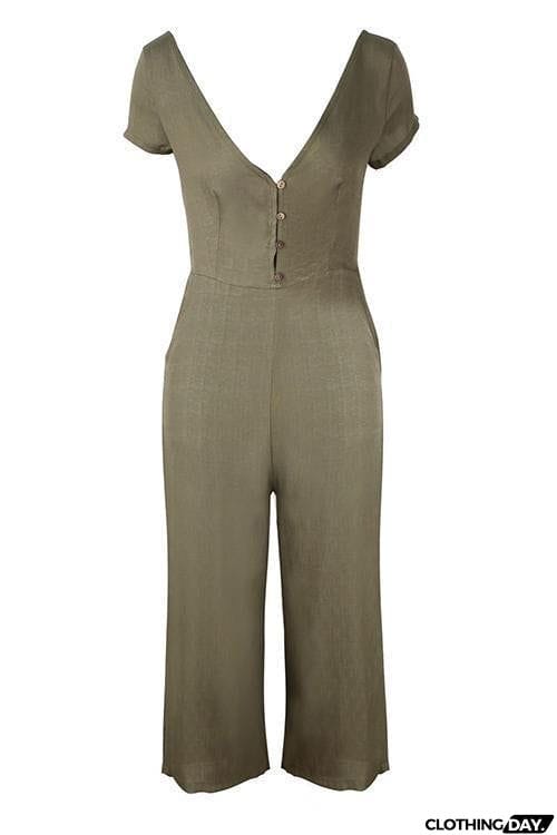 Button Pocket V Neck Jumpsuit