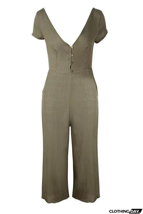 Button Pocket V Neck Jumpsuit
